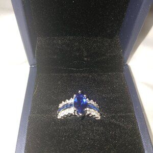 Italo Blue Sapphire & Faux Diamond Engagement/Wedding Band Combination Ring, 7.5